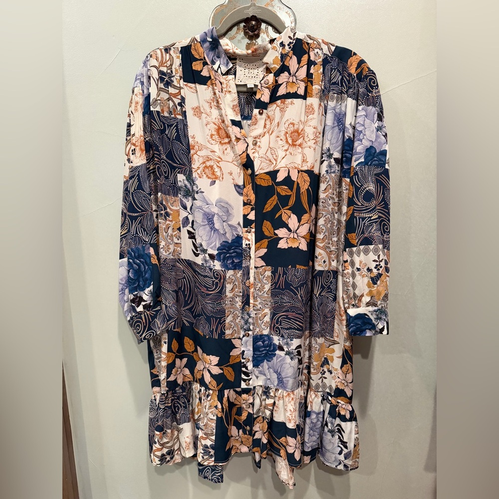 Johnny Was Navy, Cream and Tan Patchwork Floral Button-Front Maxi Dress
